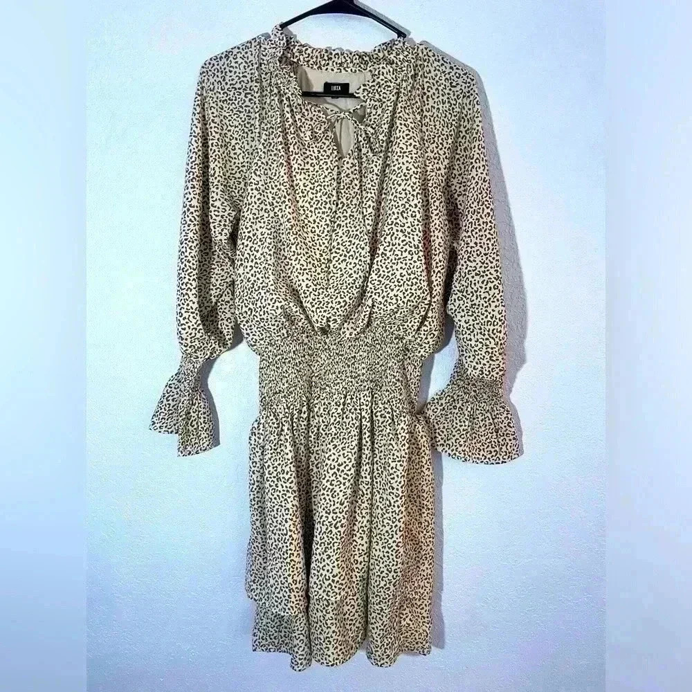 LUCCA Women’s Small Leopard Print Smocked Waist Long Sleeve Dress